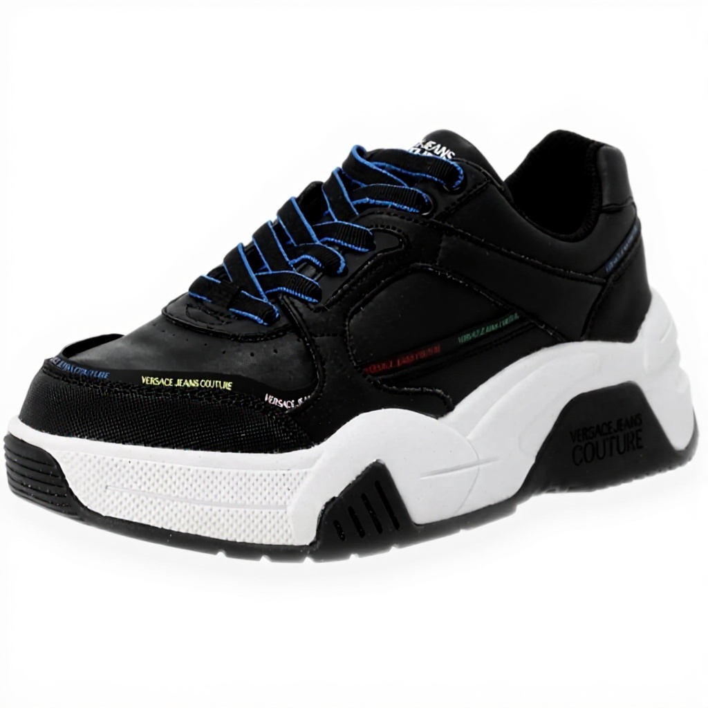 Versace Sneakers Women Black Leather Trainers 71VA3SF1 displayed in casual lifestyle setting