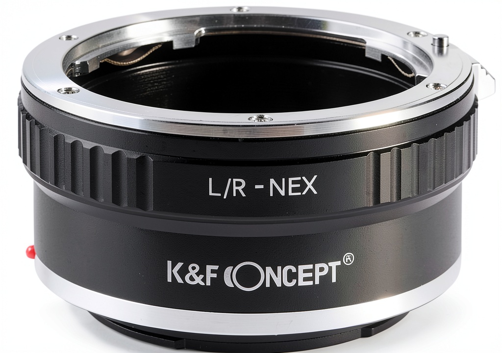 Leica R to Sony E adapter mounted on a camera with lens attached